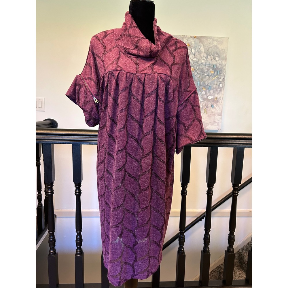 Simon Chang Purple Geometric Knit Cowl Neck Dress with Zipper Sleeves Size M